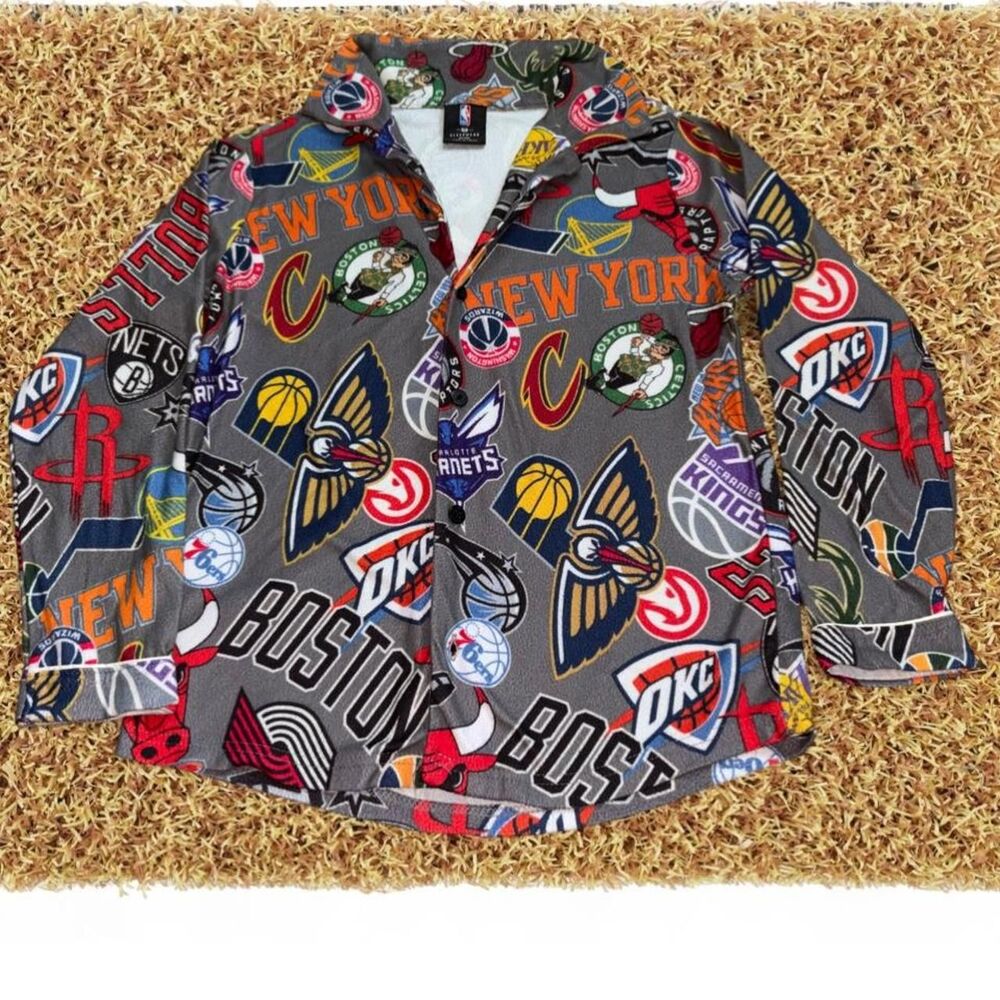 NBA sleepwear pajama set with basketball team logos and text, size M #sleepwear